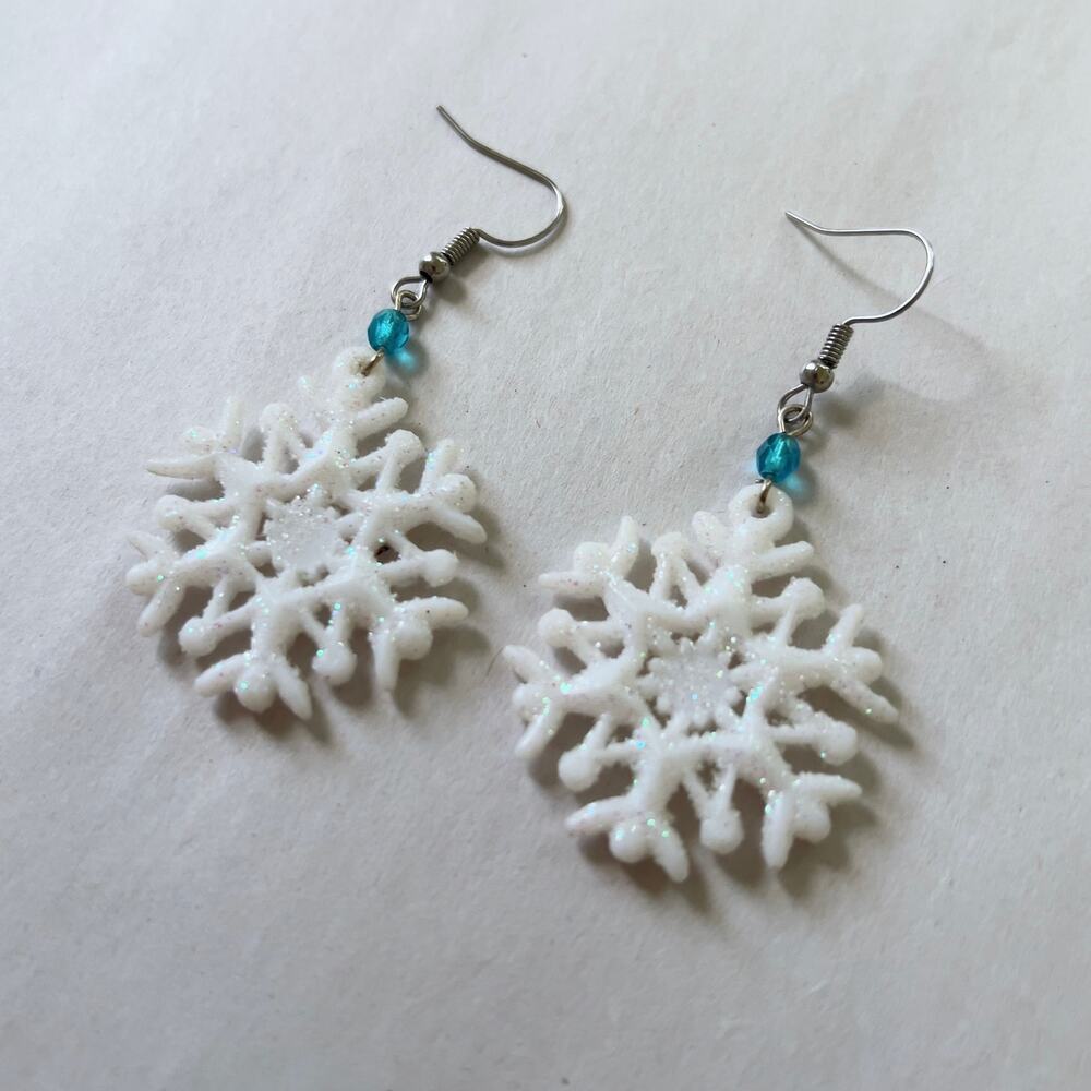 White Sparkly Snowflake Earrings Handmade Estate Jewelry Hanukkah Holidays